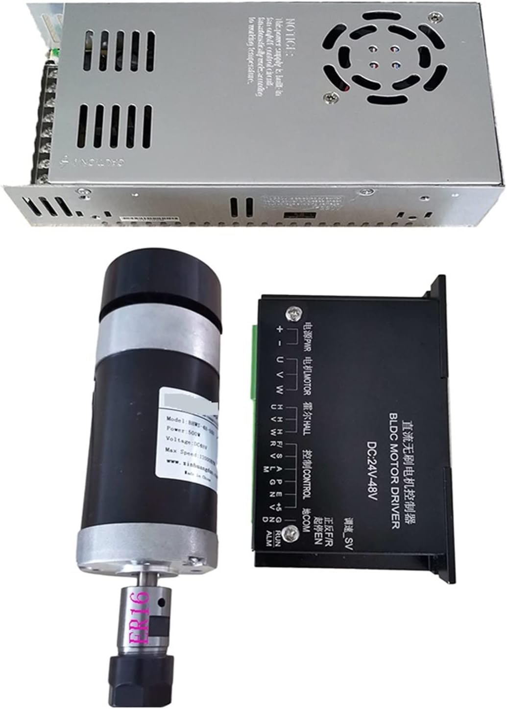 スピンドルモータ 48V 500W ER16ブラシレススピンドル+57mmネジ+ 48Vブラシレスモータードライバーでクラン 【つ】