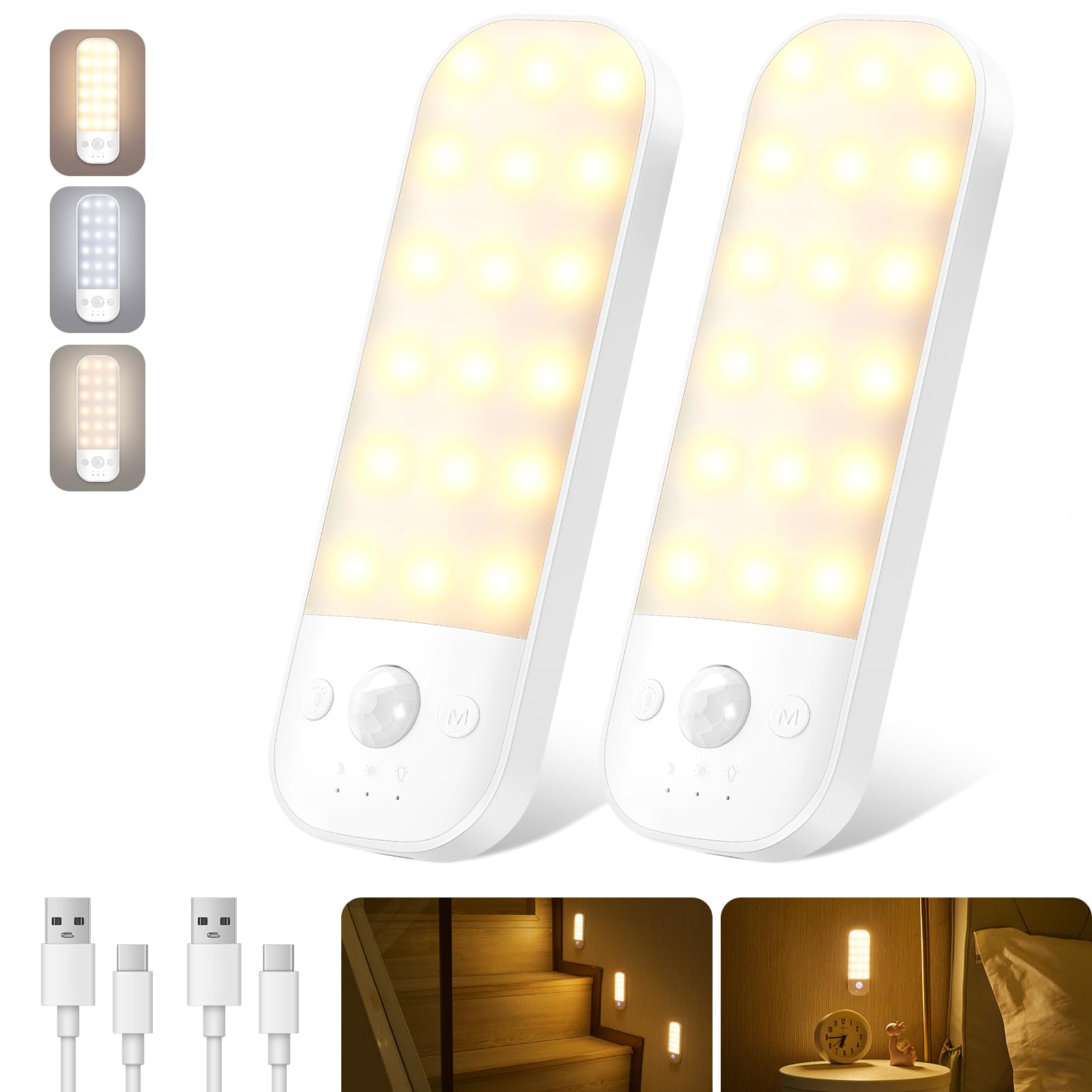 Ledronix Pack Of 2 Motion Sensor Lights Indoor, 2 Pack Usb Rechargeable Led Night Light With 3 Modes, 3 Light Color, Stepless Dimmable, With Removable Magnet Sheet Stick-On Cupboard Lights Wardrobe Lights