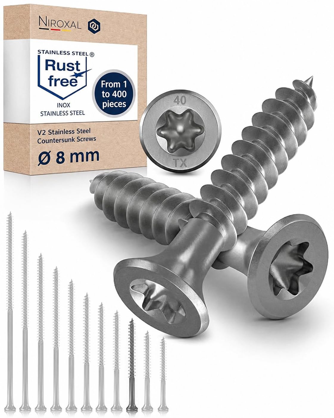 Edelstahl Holzschrauben V2A A2 Senkkopf Torx TX40 – Teilgewinde – 8x80 mm – 400 Stück – Universalschrauben Holz