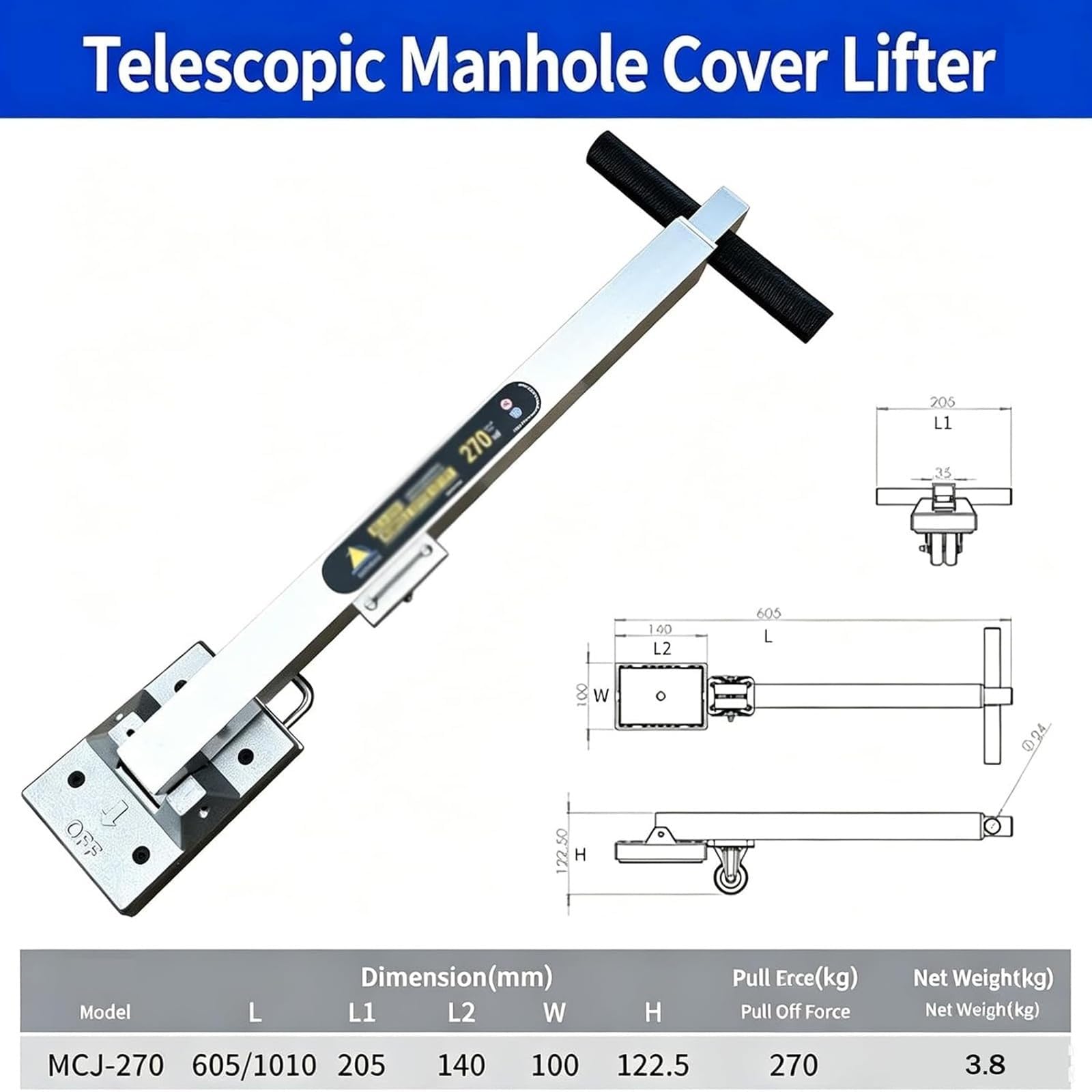 Sollevatore Magnetico Per Chiusini Da 595 Libbre, Maniglia Telescopica | Estrattore Per Coperchi Per Fognature Per Carichi Pesanti, Magnete Al Neodimio Da 270 Kg, Corpo In Lega Di Alluminio