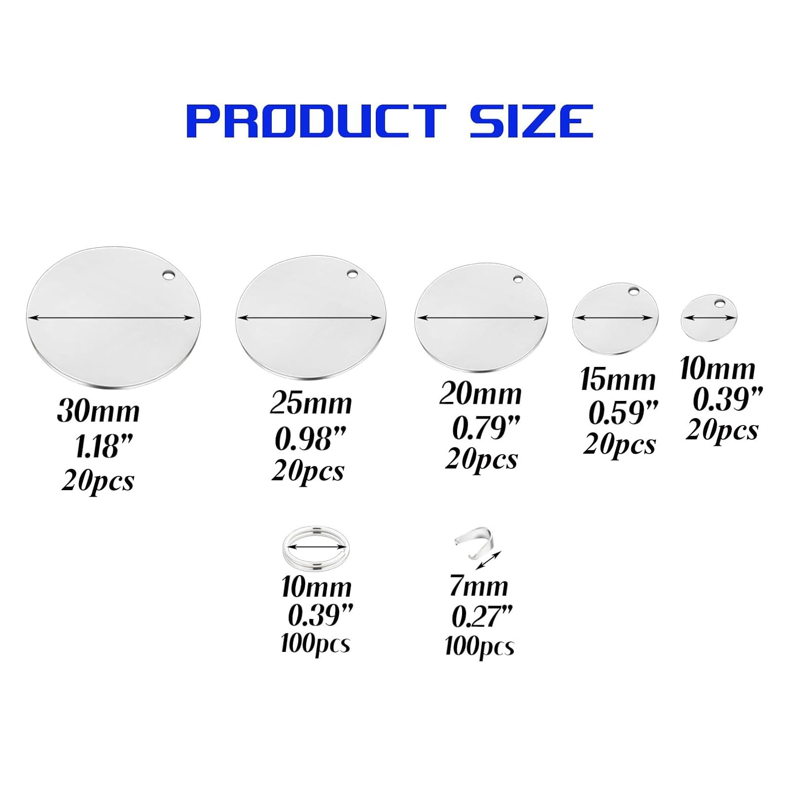 JUYO VONSAN Metal Stamping Blanks Tags Stainless Steel Charms for Jewelry Making Metal Plant Tags Stamping Dog Tags (100 Pcs Mix Size Tags with 200pcs Key Rings)
