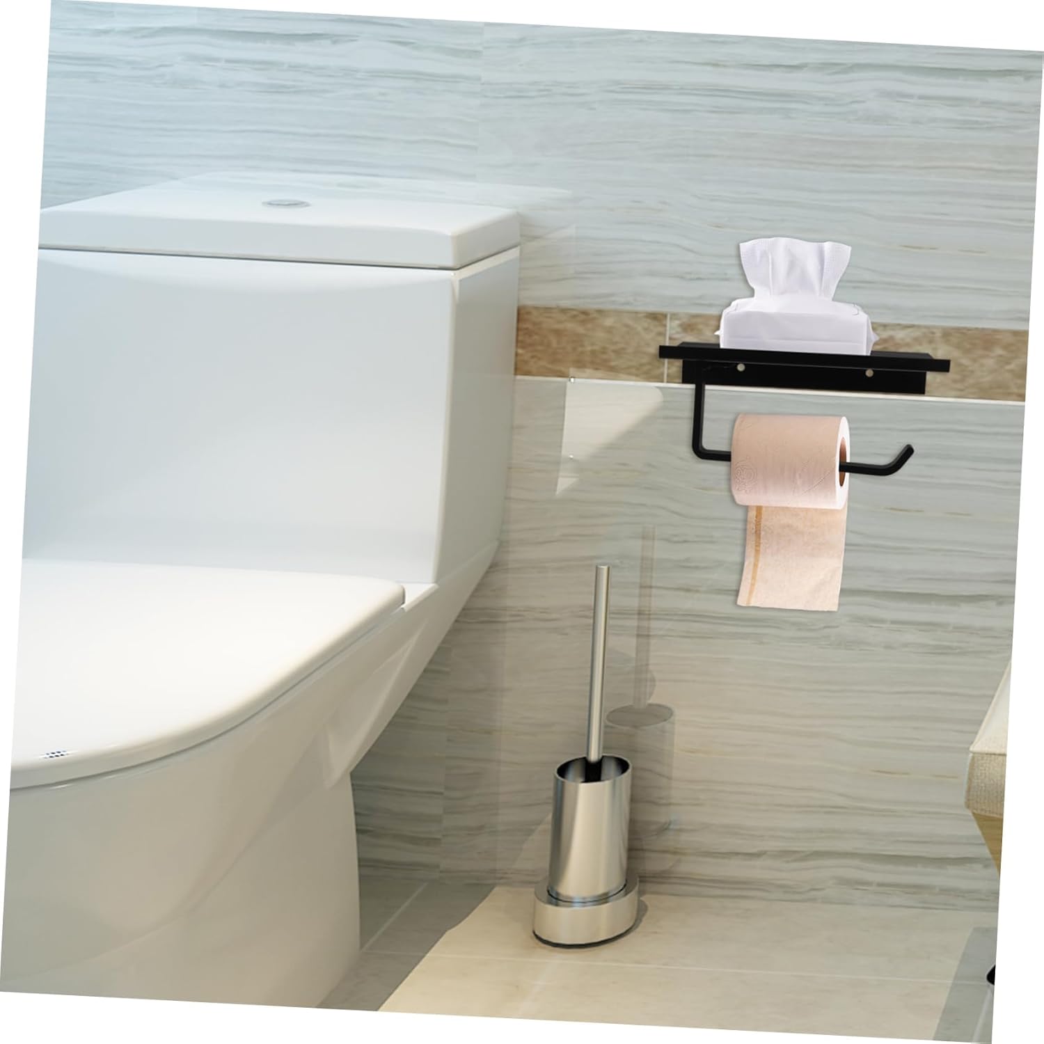 Sleek Black Wall - Mount Toilet Paper Holder with Shelf, Bathroom & RV Organization Essential