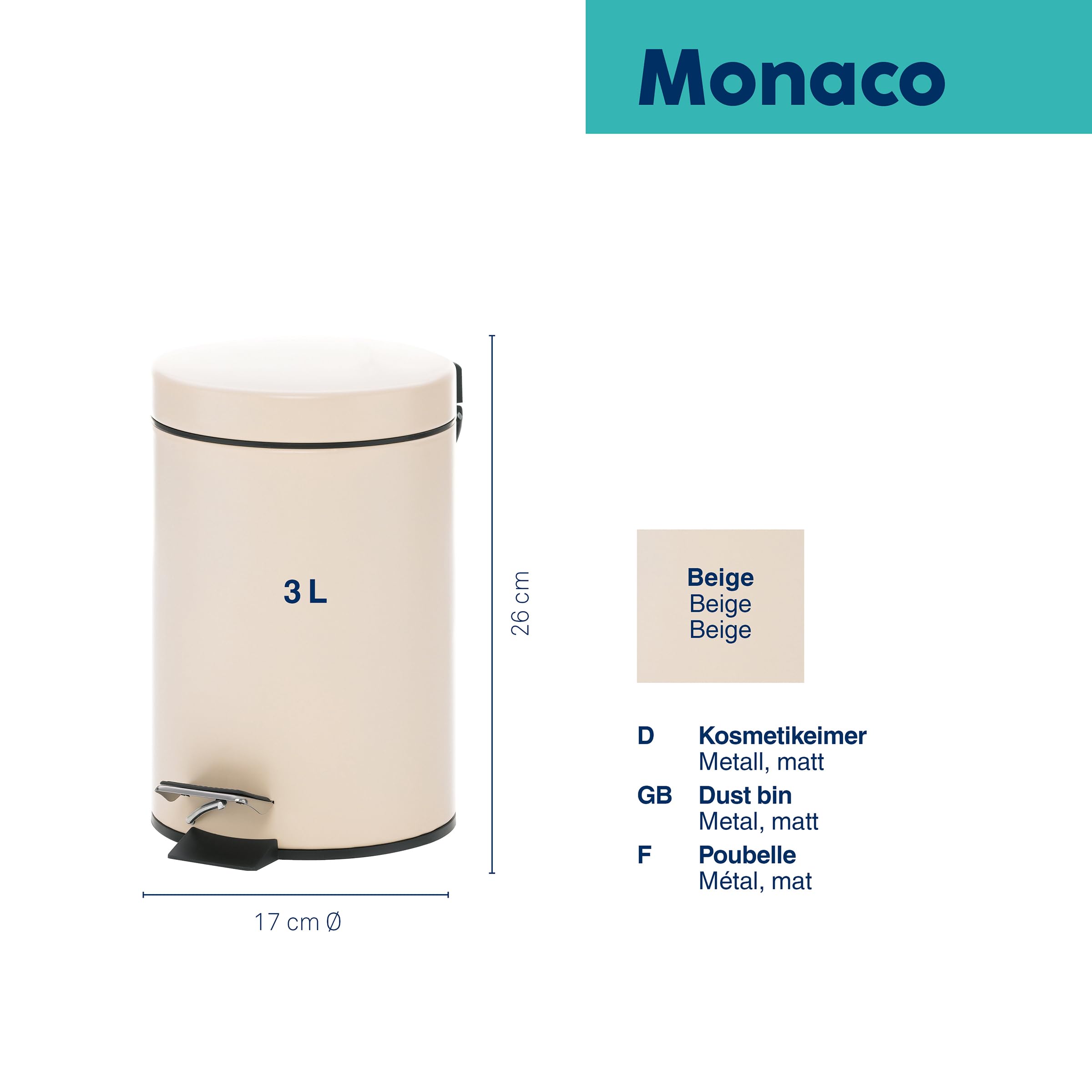 kela MONACO cestino a pedale in metallo per bagno beige opaco 3 l