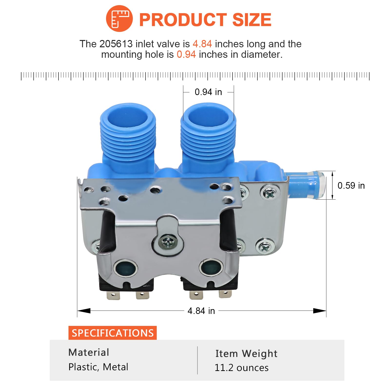 Beaquicy 205613 WP358276 - Válvula de entrada de agua universal para lavadora - Reemplazo para Whirlpool Wahers - Salida universal de 3/8" con adaptador de goma para convertir la salida a 1/2"