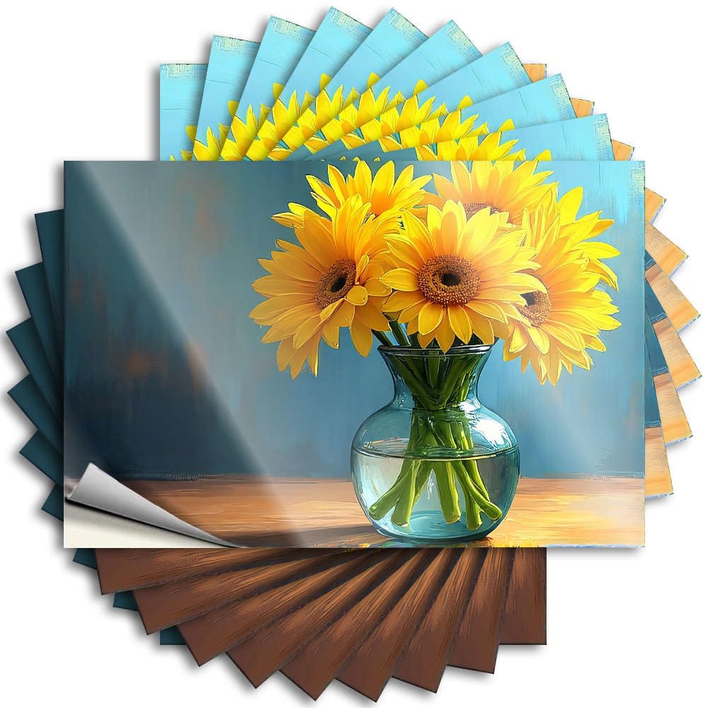 Decal Retro Decor Easy Apply | Sunflowers in A Glass Vase On A Wooden Table. Personalized Wall Peel and Stick(8X12CM)