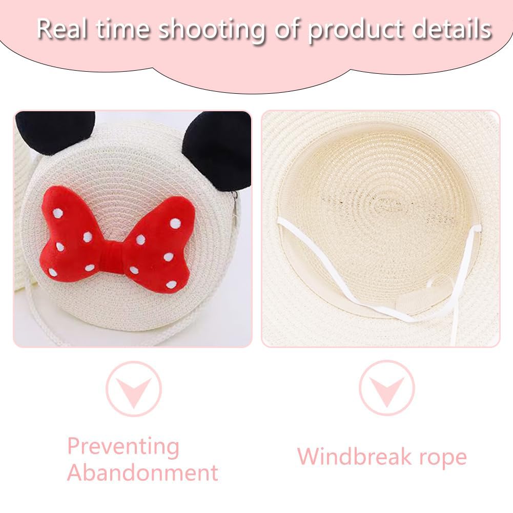 OPVXZADEnsemble Chapeau en Paille et Sac à Main pour Filles,Chapeau de Soleil Ensembleavec Design Noeud d'oreille de Rat pour 4-8 Ans Vacances Plage Voyage Randonée