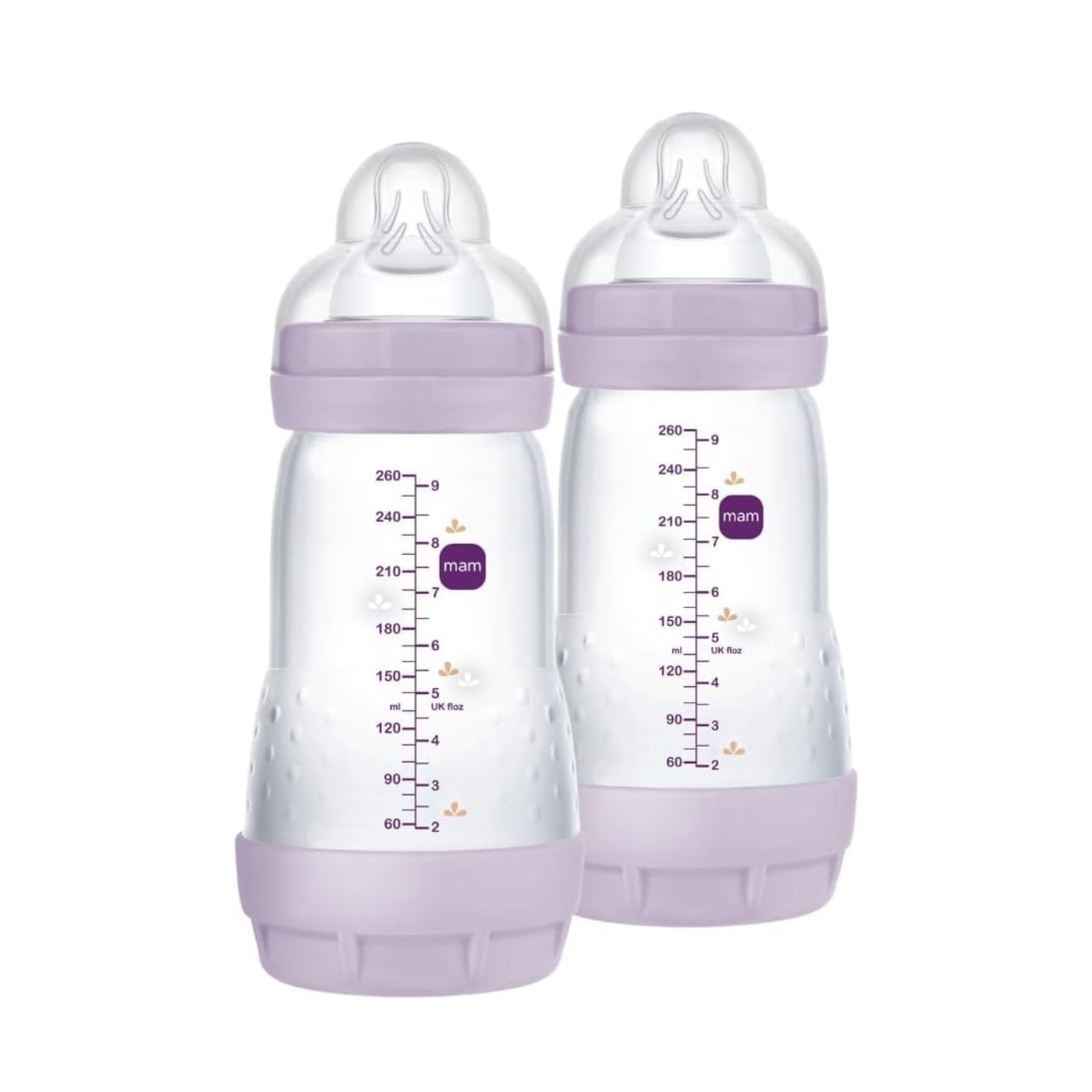 MAM Biberon Anticolica Easy Start 260 ml (Set da 2), Tettarella 2, Lilla | Da 2+ mesi, Valvola anticolica, Riduce bolle d'aria, Silicone SkinSoft, Allattamento misto, Autosterilizzante, Senza BPA/BPS