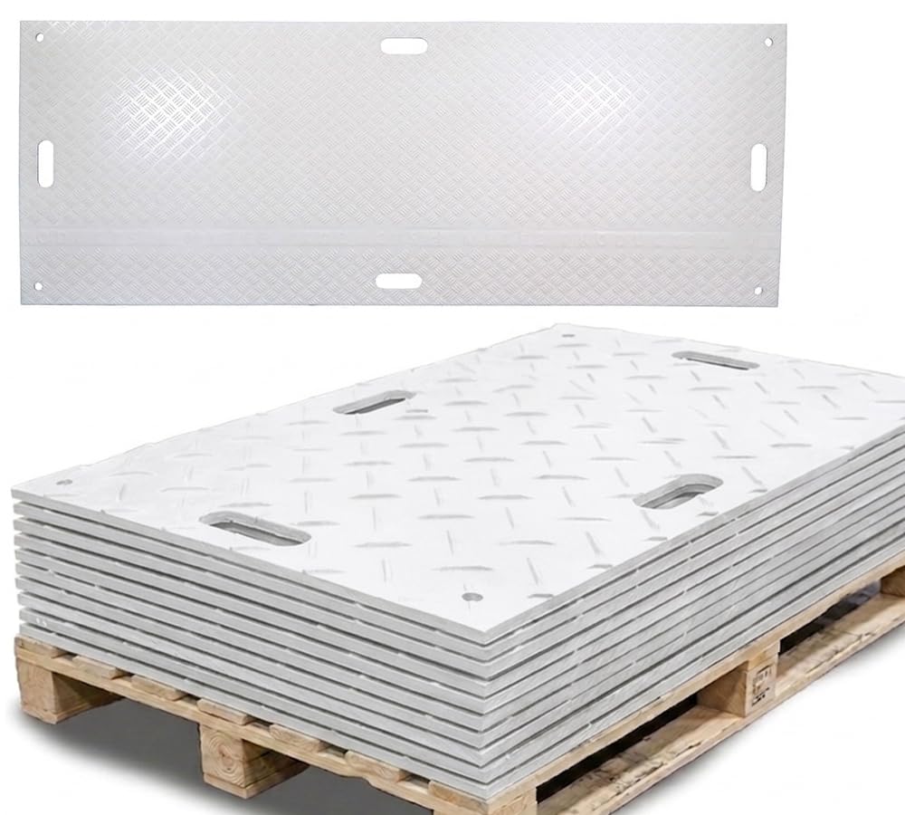Mytee Products 12 Pk 3' x 8' - 1/2" Thick Heavy Duty White Ground Protection Mats with Diamond Plated Tread - Easily Supports 90 Ton Loads - HDPE