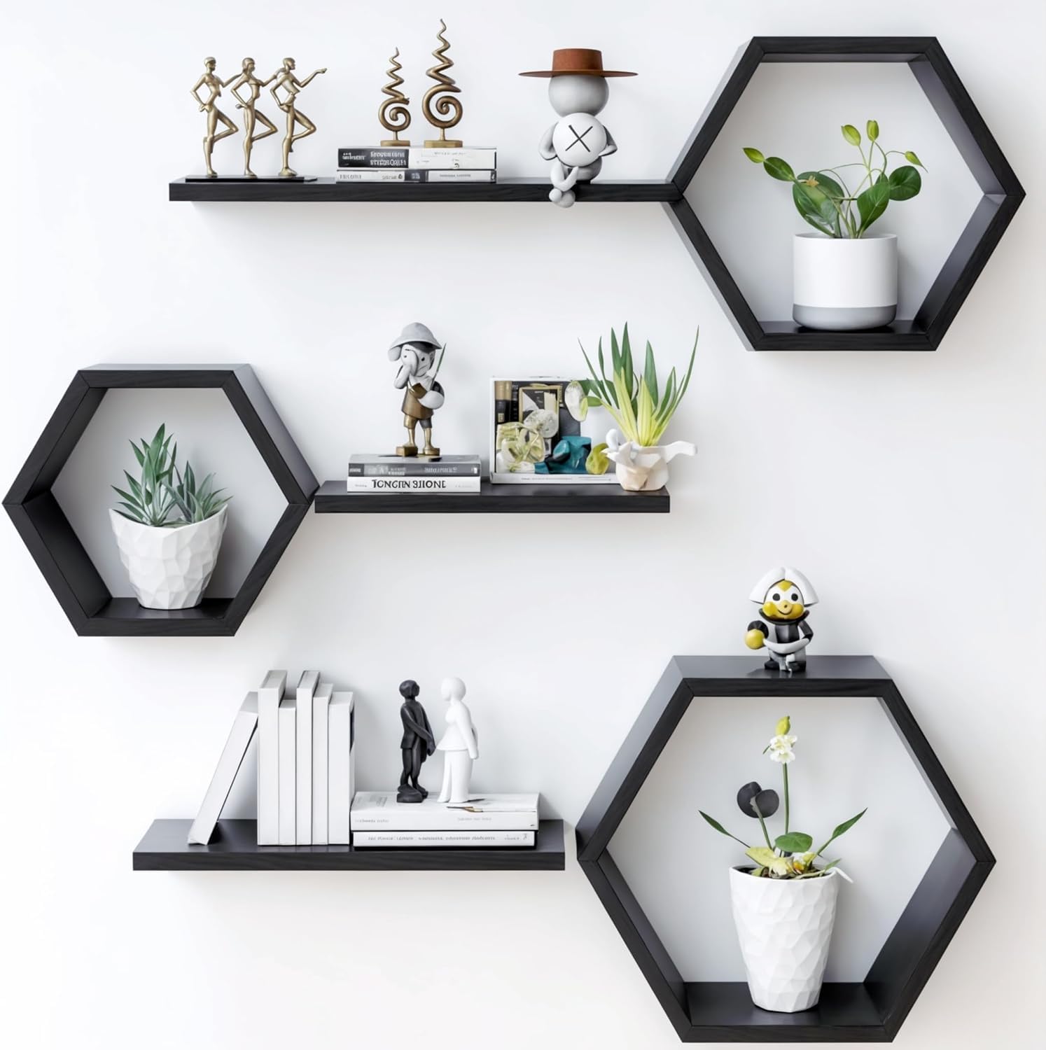 Dream Decor Shoppee Engineered Wood Woden Hexagonal Shape Wall Hanging Rack Floating Shelves for Display for Photos,Plants Living Room, Bedroom,Bathroom, Kitchen, Office (Black)-image-4