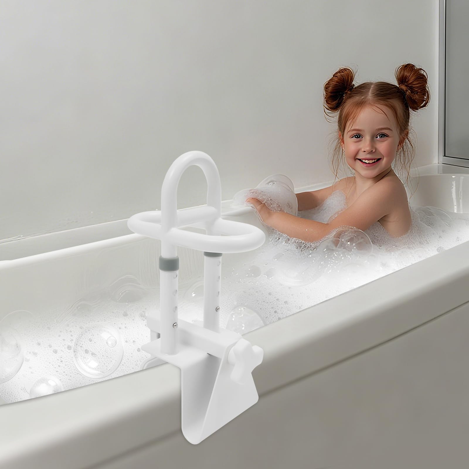 Asidero para bañera para personas mayores, mango de bañera sin taladrar, mango triple, barra de seguridad de hasta 136 kg, color blanco