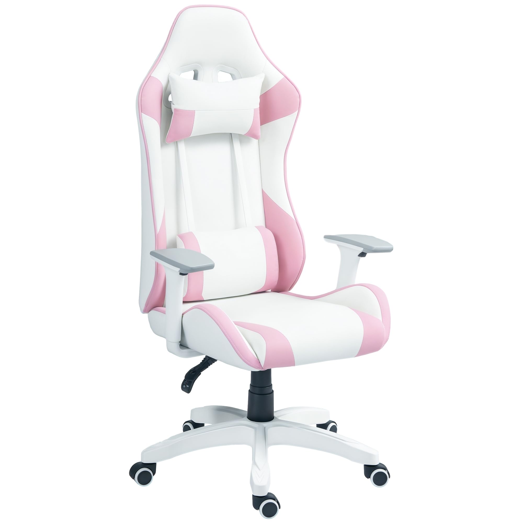 HOMCOM Silla Gaming Reclinable Silla Gamer Giratoria Silla de Oficina Basculante con CojÃn Lumbar Reposabrazos 3D Reposacabezas ExtraÃble y Altura Ajustable 67x60x120-128 cm Blanco y Rosa