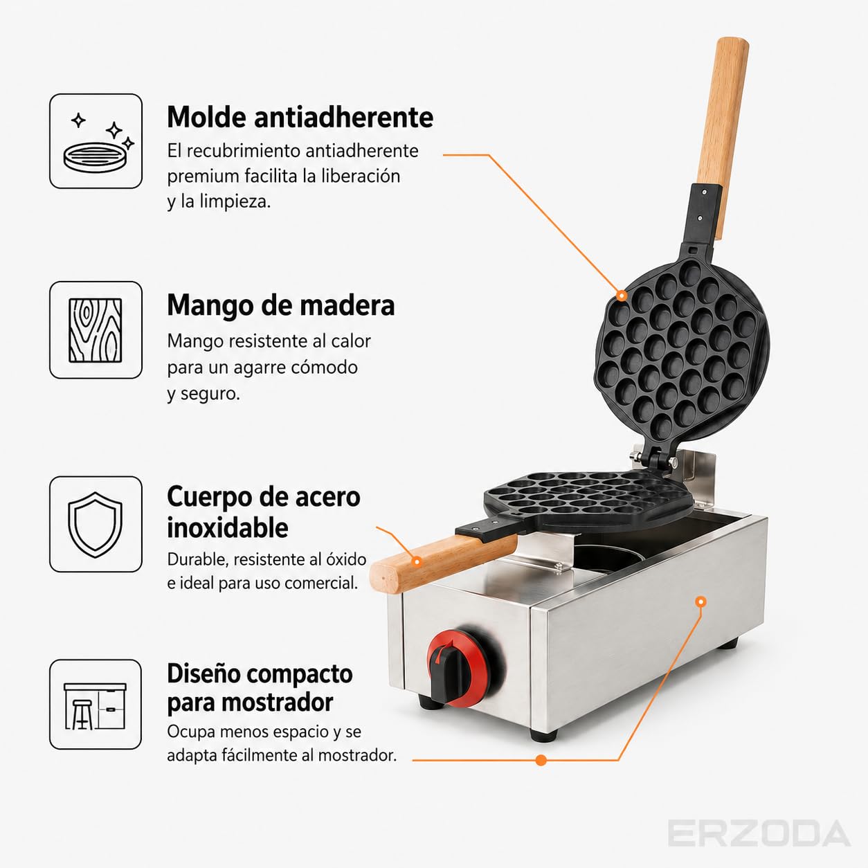ERZODA Gofrera Bubble Waffle a Gas, Máquina Profesional de Gofres de Hong Kong con Molde Antiadherente para Cafeterías y Food Trucks