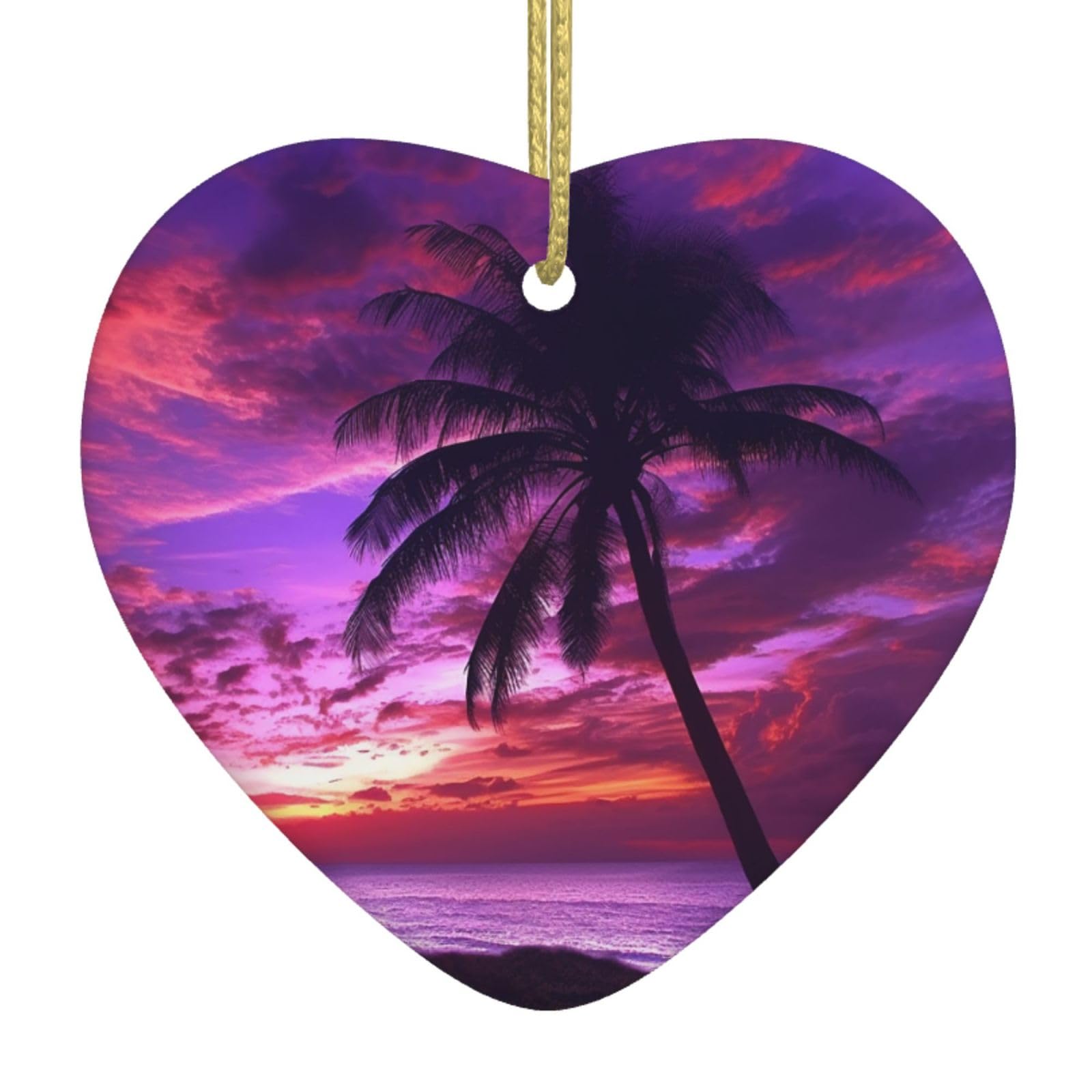 Ceramic Christmas Tree Hanging Ornaments with Gold Ropes Christmas Tree Decorations Heart Ceramic Palm Tree Purple Sunset Pendant Keepsake Decorations for Holiday Xmas Gift Ideas