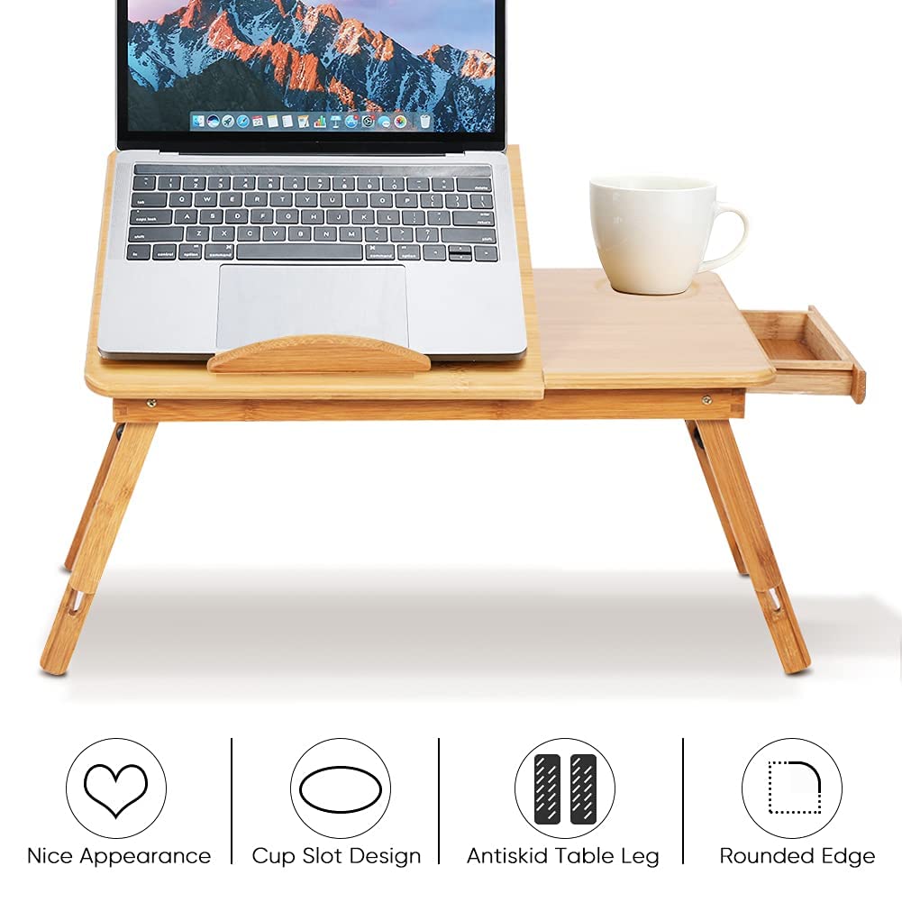 Escritorio portátil de bambú para Cama, con Patas Ajustables para Laptop con Tapa abatible y cajón para sofá Cama