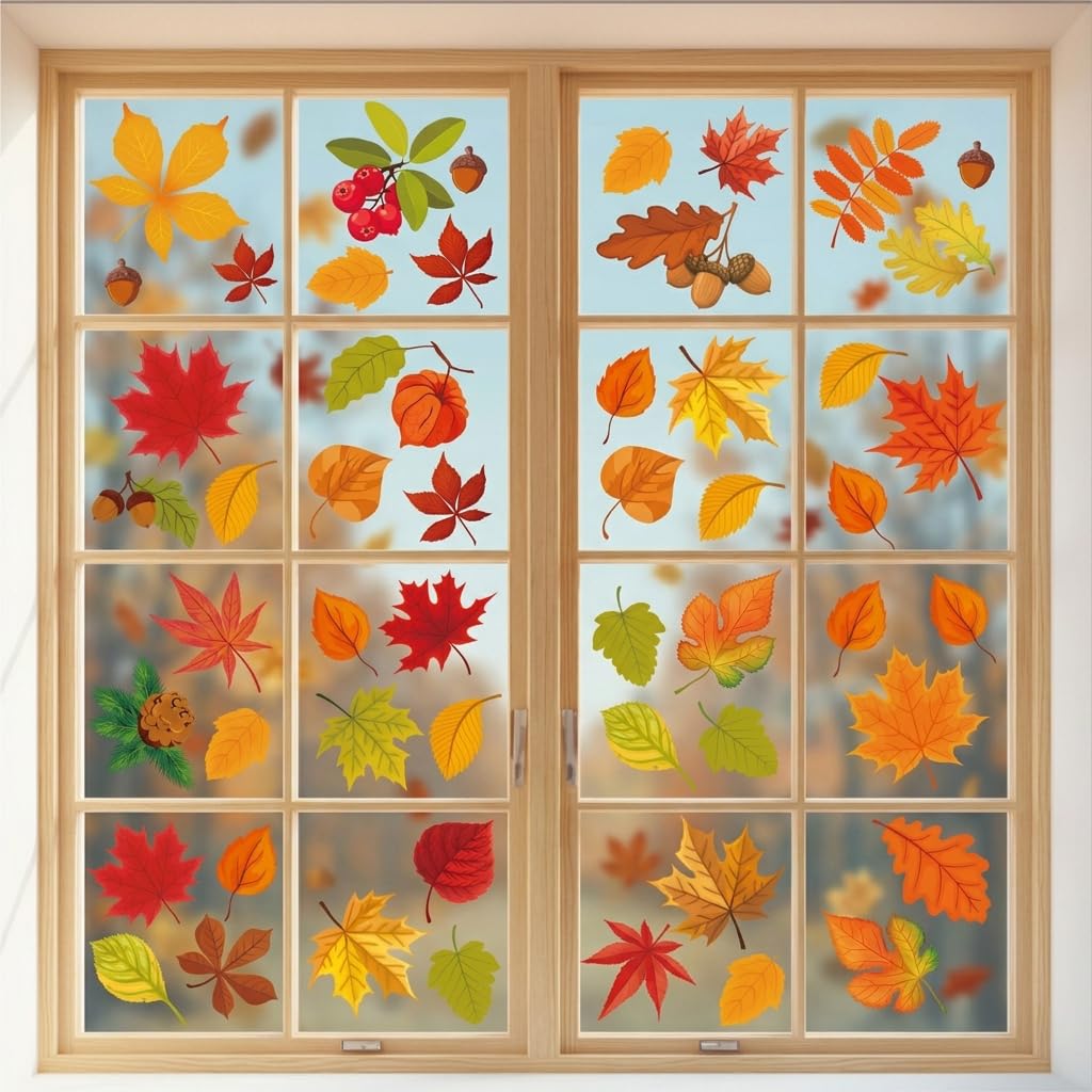 6 Sheets Autumn Window Decorations,Fall Window Sticker,Thanksgiving Windows Clings Autumn Decor,Maple Leaves Static Clings Sticker,Windows Decals Fall Decors for Children Room,Thanksgiving,Cafe,Party
