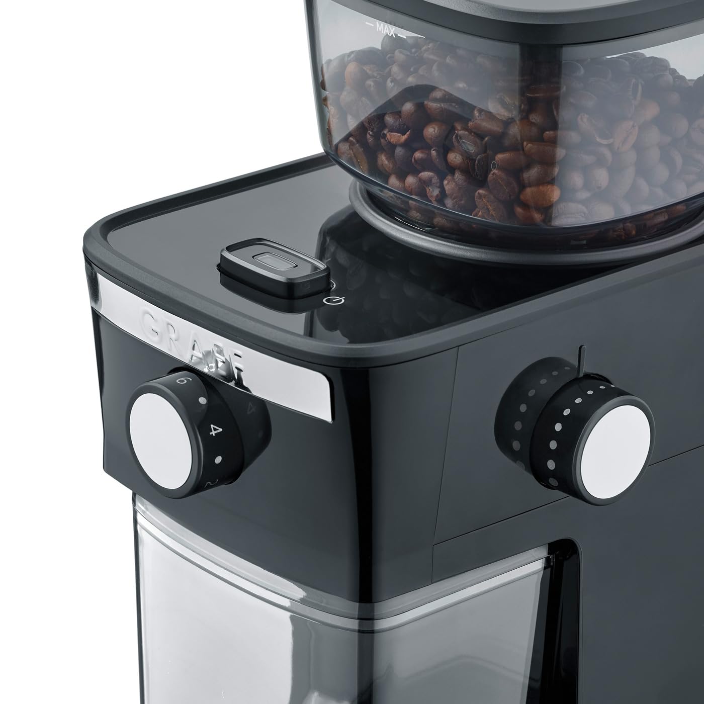 GRAEF CM252 - Moulin à café électrique, réservoir à grains 80 g, couvercle de protection des arômes, broyeur amovible, 17 degrés de mouture, 2 à 12 tasses, bouton marche/arrêt éclairé, 130 W, noir