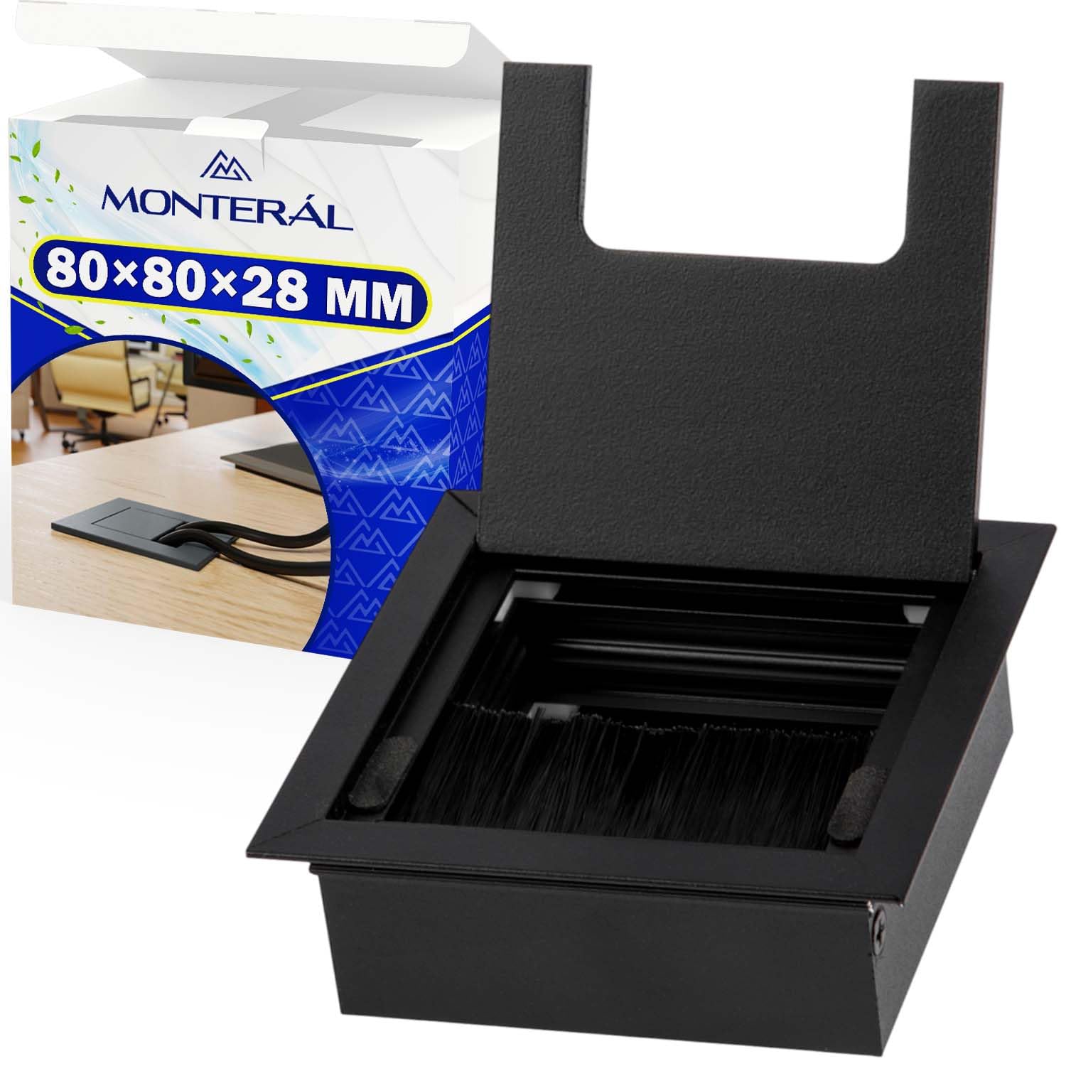 Desk Cable Grommet 80 x 80 mm H28 mm Black Colour - Desk Grommet is Made of Aluminium with Brush - Warranty 10 Years - MONTERAL