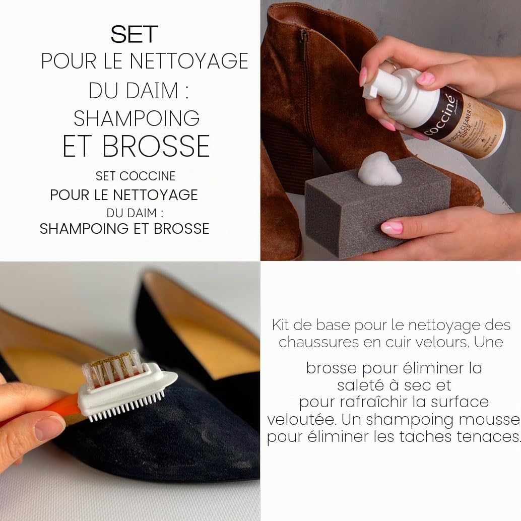 Cocciné - Kit Shampooing Chaussures avec Brosse, Mousse Nettoyante pour Daim et Nubuck, Shampooing Velours pour Chaussures en Daim, Soin Nettoyage en Profondeur pour Différents Types de Saletés