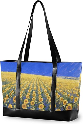 KLL Girasol pintura al óleo moda portátil bolso de hombro con cremallera bolsa para el trabajo Bolso grande para las mujeres trabajo con maletín