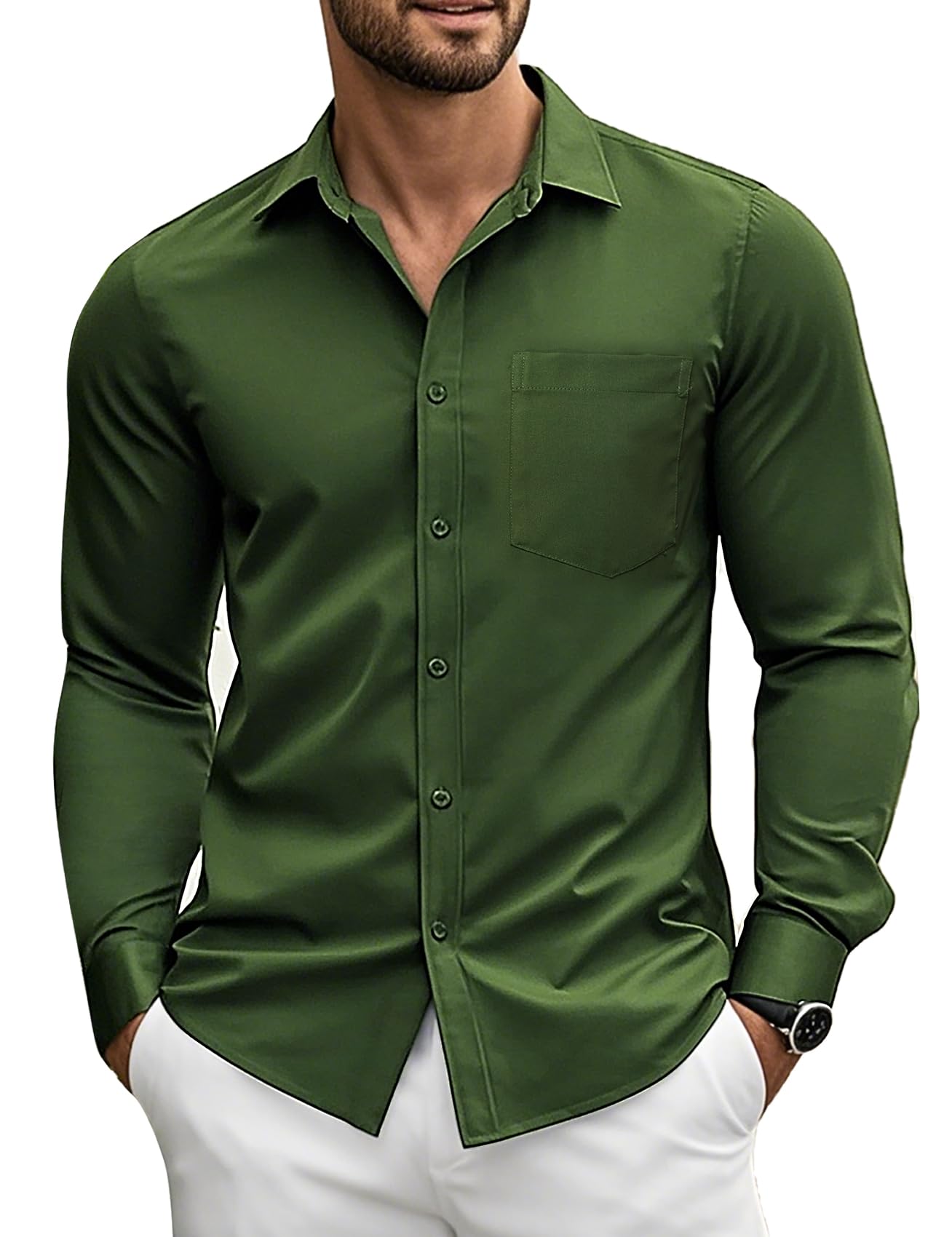 Barry.Wang Mens Solid Stretch Dress Shirts Long Sleeve Button Down Shirts Formal Business Prom Party Wedding