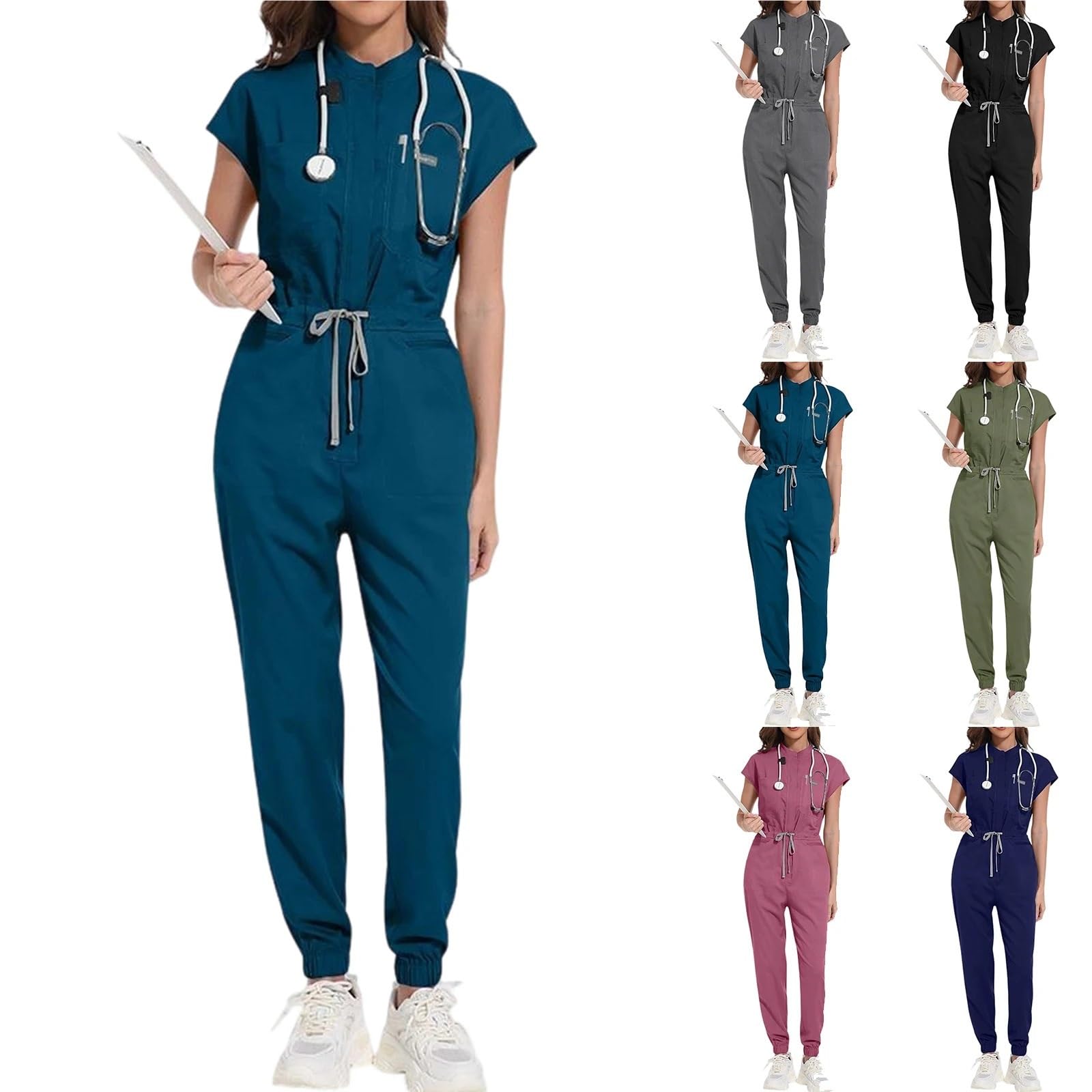 Mono de Enfermera for Mujer, Cuello levantado, sin Mangas, cordón en la Cintura, Uniforme médico con múltiples Bolsillos, Ropa Trabajo for el Cuidado Salud