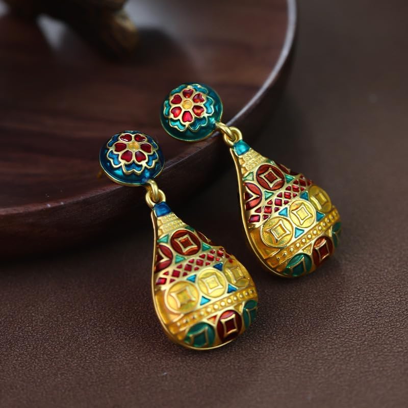 Vintage Style Gold Plated Chinese Floral Drop Silver Stud Fashion Earrings for Women - Image 2