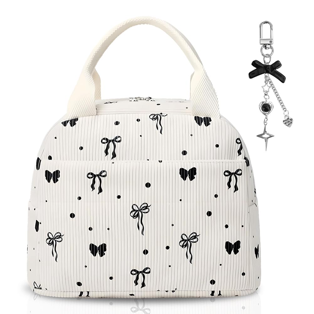 VorErgyllic Butterfly Bow Insulated Lunch Bag and Bowknot Keychain 2 Pieces Set, Portable Girls Lunch Bag, Leakproof Cute Girls Lunch Box, Heart Kawaii Keyring for Adults Kids School Commutes Picnic
