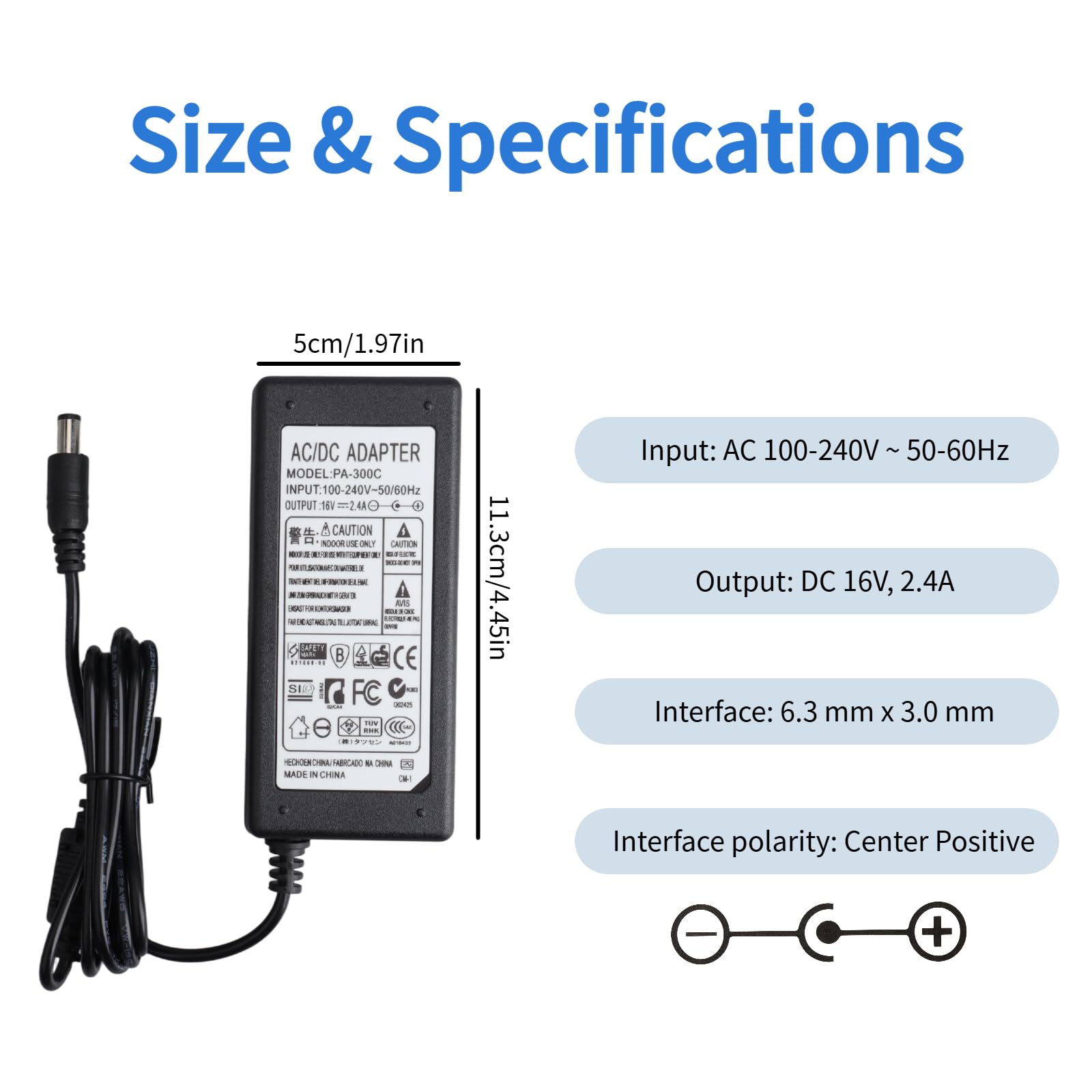 Adaptador Alimentación Cargador 16V 2,4A Recambio Compatible con Yamaha PA-300 PA-300B PA-300C PA-301, Teclado Piano PSR-S500 PSR-S700 PSR-S900 PSR-1000 PSR-1500 AW1600 Motif-Rack