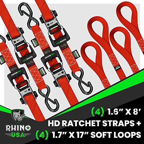 Rhino Usa Ratchet Straps Tie Down Kit, 5,208 Break Strength - Includes (4) Heavy Duty Rachet Tiedowns With Padded Handles & Coated Chromoly S Hooks + (4) Soft Loop Tie-Downs #TOP3