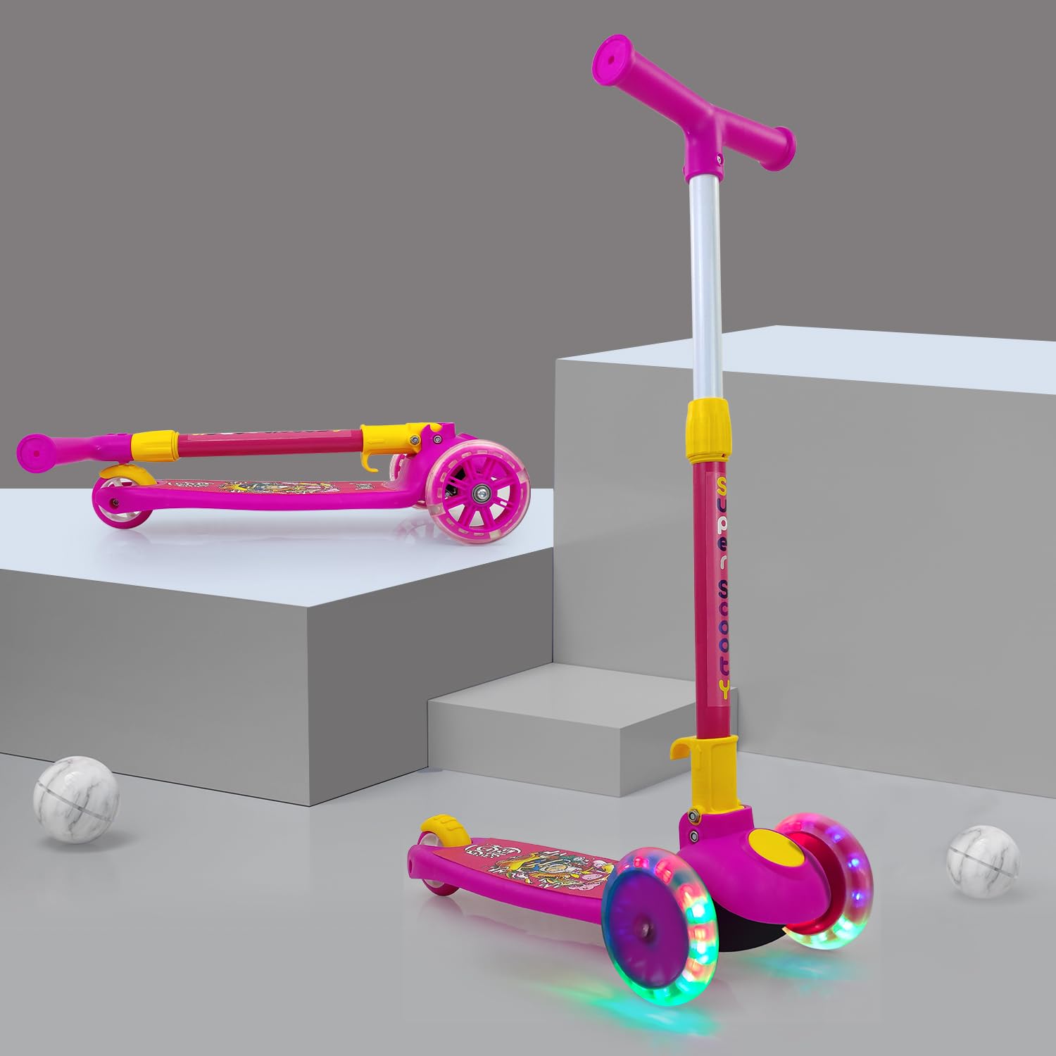 NHR Smart Kick Scooter, 3 Adjustable Height, Foldable Scooter, Skate Scooter for Kids, Attractive PVC Wheel with Led Light for Kids, Age Upto 3+ Years (45 Kg, Pink)