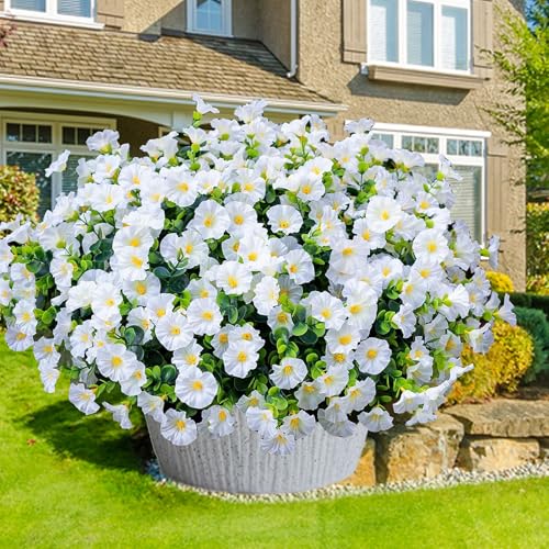 Artificial Flowers for Outdoors16 Bundles of UV-Resistant Silk Morning Glory with Eucalyptus-Realistic Faux Plants as Perfect Filler for Home Planter Porch & Garden Decor (White) image 8