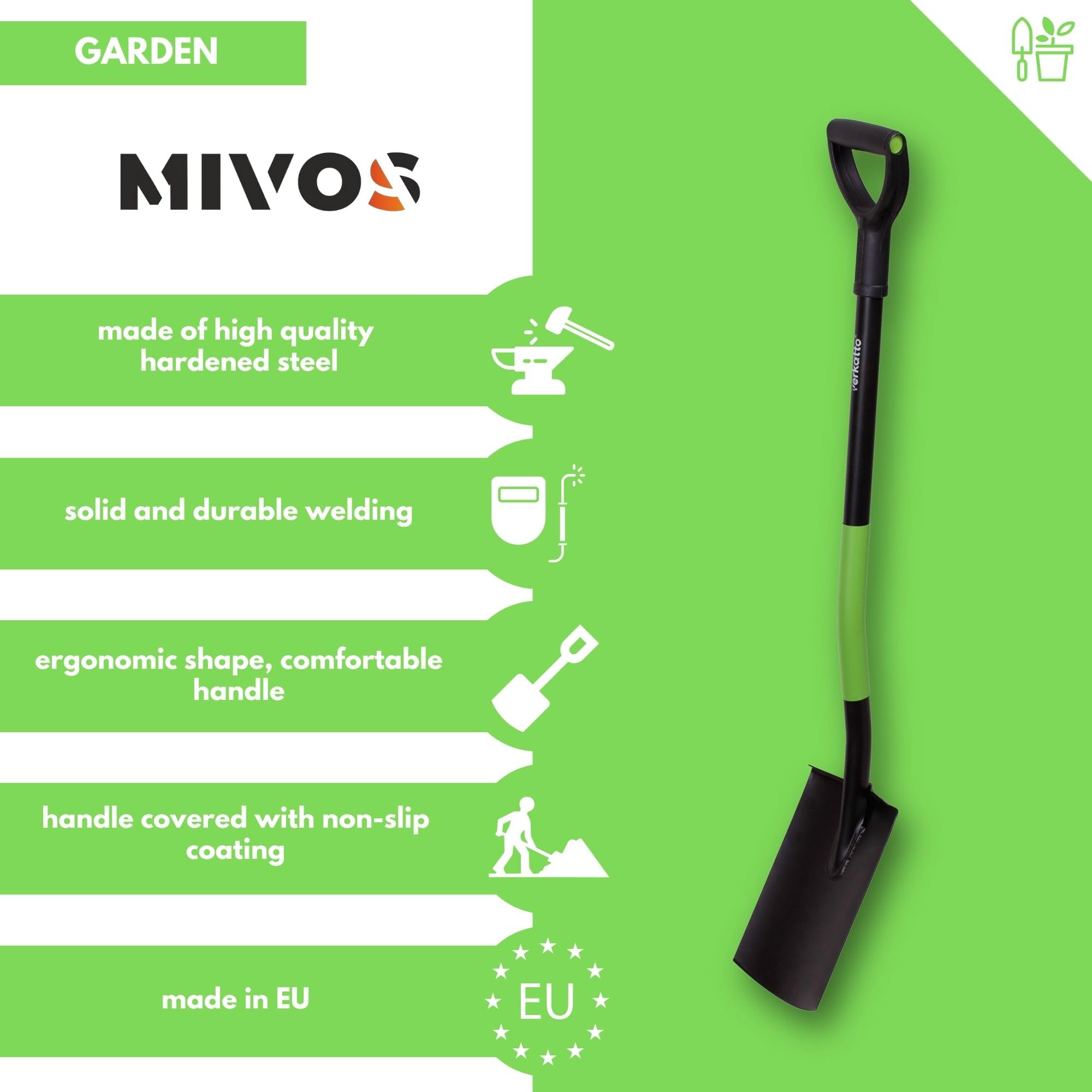 Mivos Runder Gärtnerspaten aus Gehärtetem Stahl - 110 cm - Gartenspaten mit Breite Trittkante - Grabspaten mit Ergonomischem Stiel und D-Griff - Hergestellt in der EU