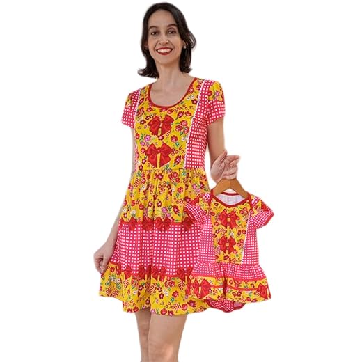 Vestido Adulto e Body de Bebê Mãe e Filha Estampa Festa Junina Kit 2 peças