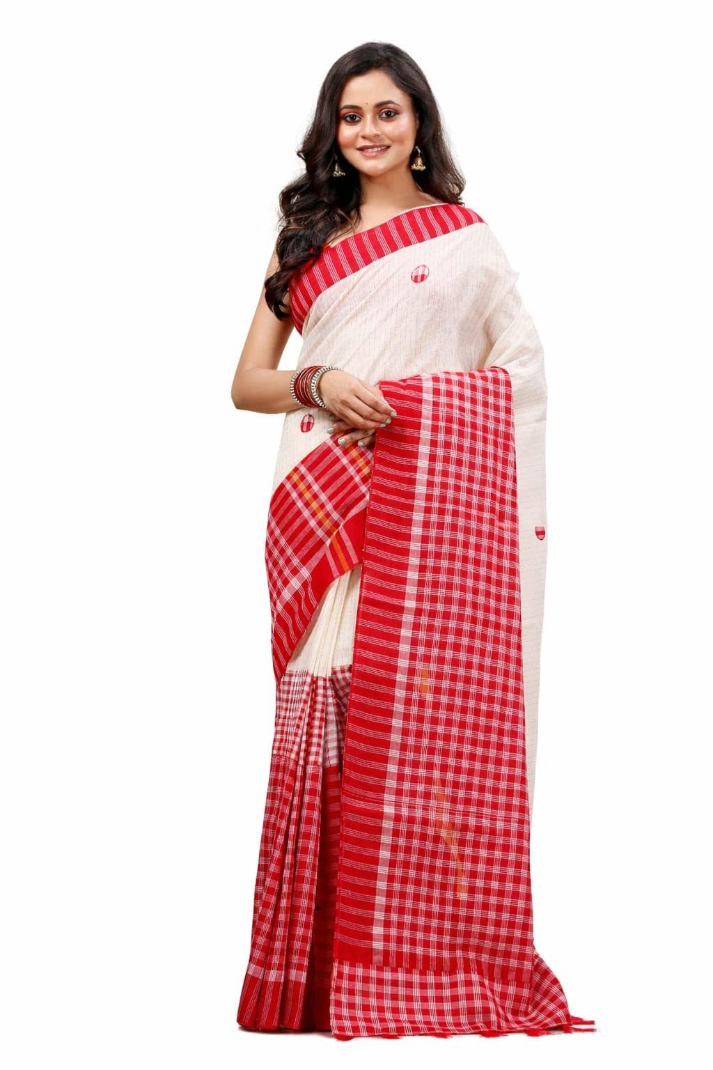 Women White with Red Gamcha Gamcha Applique Saree Without blouse piece | Traditional Ethnic Wear Saree for Festival, Wedding, Party & Daily Wear-0551CA200AS-image-32