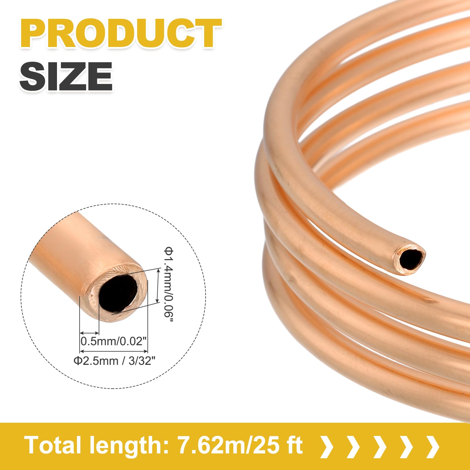 QUARKZMAN Tubo In Rame T2 0.06"ID x 3/32"OD x 25Ft, Tubo Di Refrigerazione In Rame Puro Al 99% Senza Saldature Coil Flessibile Per Sistemi HVAC, Condizionatore, Frigorifero, Industria, DIY