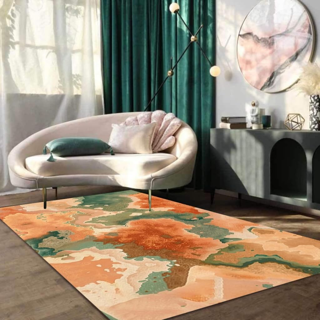 Sage Green Orange Modern Abstract Marble Textured Area Rug 5x7 Vibrant Unique Art Decor Rug for Living Room Bedroom Diningroom Soft Wool Washable No Slip Home Office Dorm Nursery Carpet