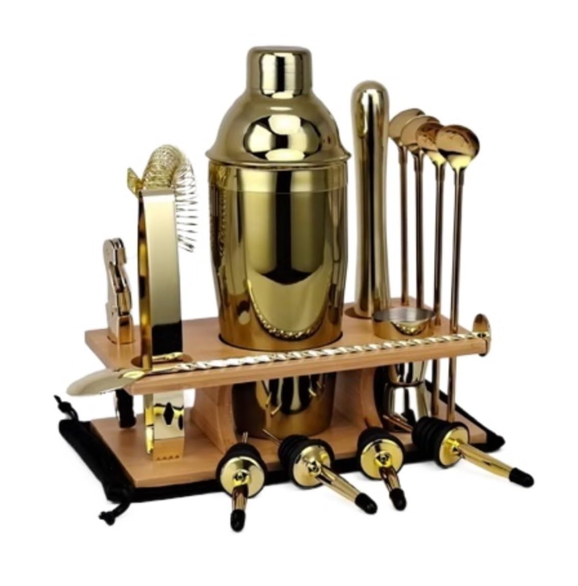 Kit de Cocteleria Kit De Fabricación De Barman De 14 Uds., 750ml, Con Soporte De Madera, Mezclador De Bebidas, Coctelería, Herramienta De Bar, Barra De Casa Juego De Coctelera Para Cócteles(Gold)