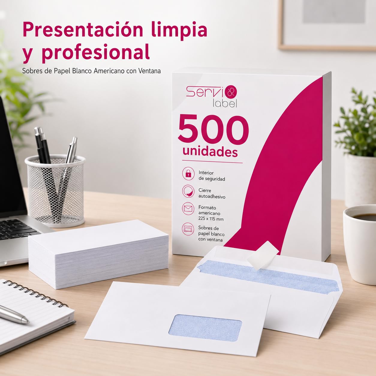 Pack 500 Sobres de Papel Blanco Americano 225x115mm | Con Ventana | Formato Profesional | Cierre Seguro | Para Cartas Facturas Documentos y Envíos de Oficina