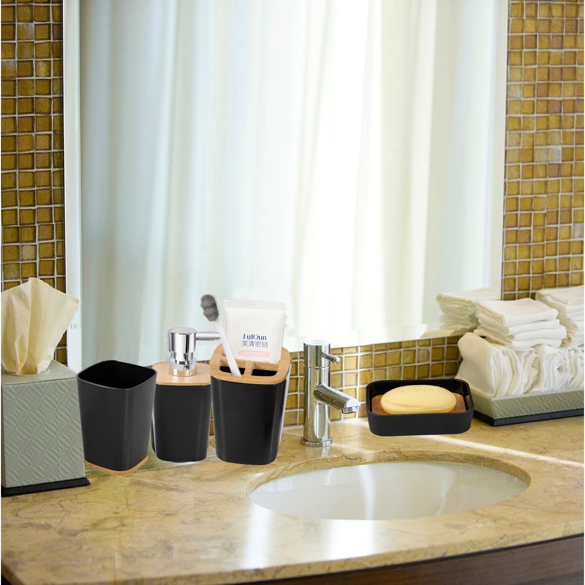 JETAINE Juego de accesorios de baño de bambú de 6 piezas, accesorios de baño modernos de lujo, accesorios de baño negros con cubo de basura, soporte para jabonera, dispensador de jabón