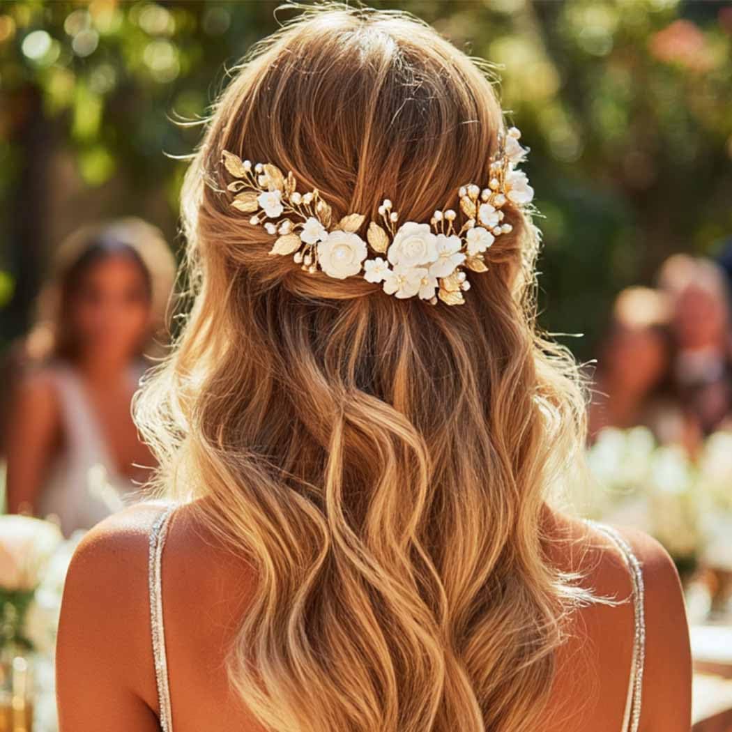 Unicra Flower Bride Wedding Hair Vine Pearl Bridal Hair Piece Leaf Hair Accessories Rhinestone Headband for Women and Girls (Gold) - Image 6