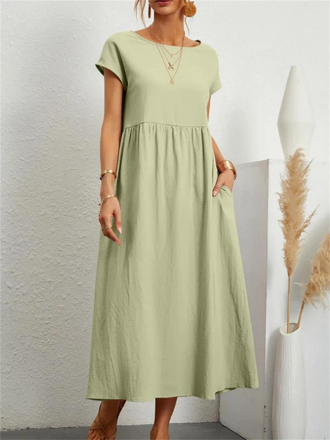 Elegancka sukienka damska, krótki rękaw, okrągły dekolt, vintage, Harajuku, bawełna, len, luźne kieszenie, długa sukienka