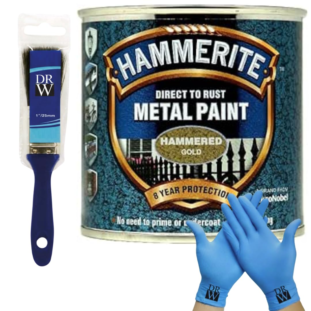 DRW Hammerite Direct to Rust Smooth Metal Paint 750ml Smooth Gold 1" Brush & Free Nitrile Gloves | Durable Anti-Rust Protection for Indoor & Outdoor