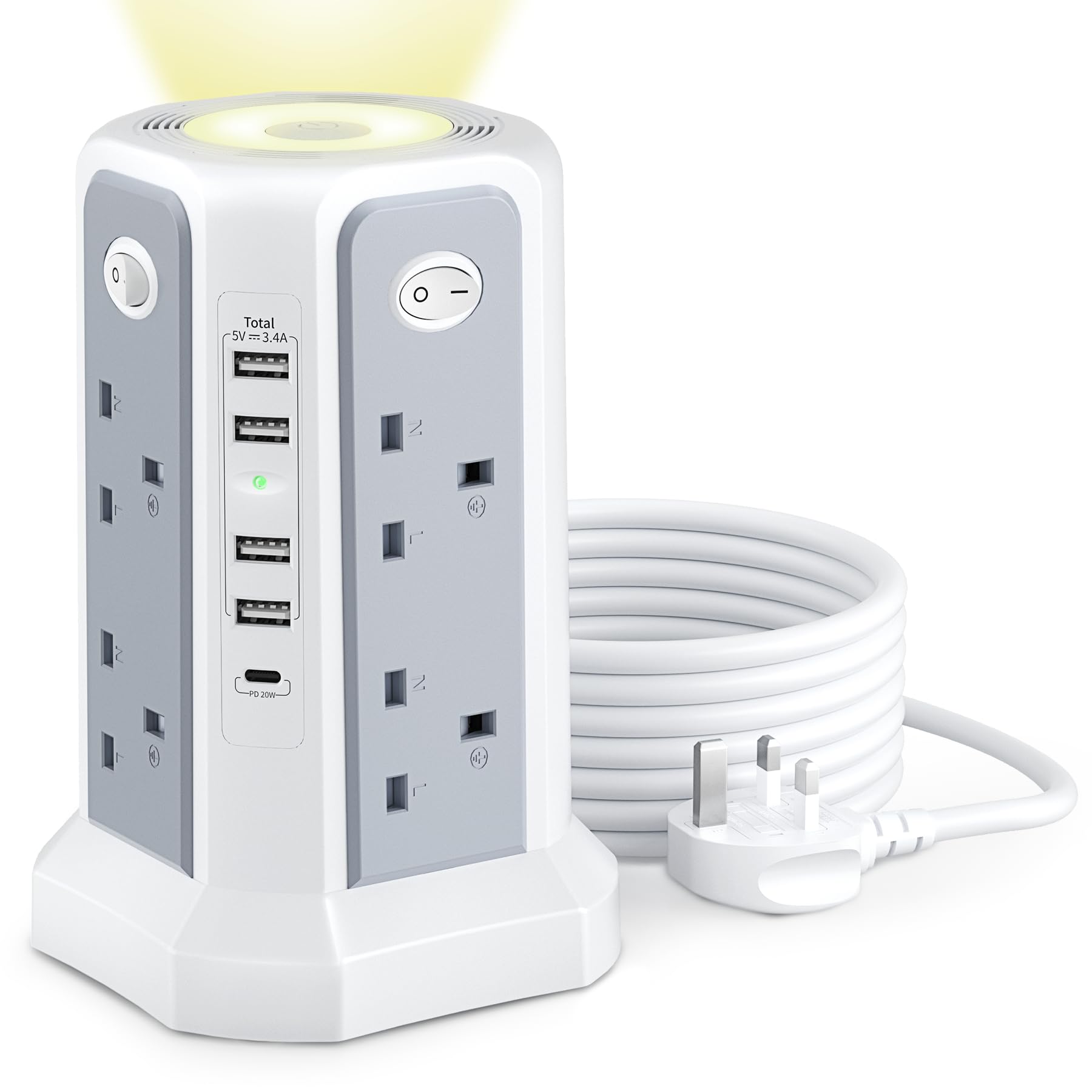 Tower Extension Lead with USB Slots and Night Light, 20W USB C Fast Charger, (13A 3250W)5 USB Ports & 8 Way Extension Tower