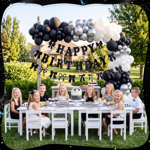 Image of NatNar Bow Birthday Decorations, Black Bow Happy Birthday Banner | Black Birthday Decorations with Cute Bow Hanging Swirls for Women Girls Birthday Party Supplies