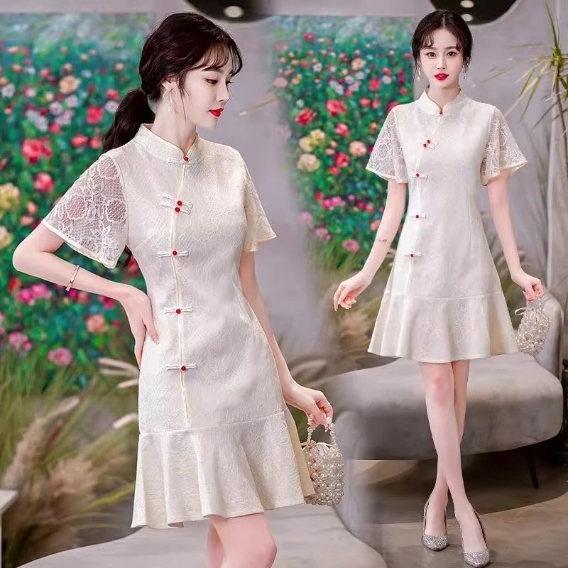 エレガントなレトロスリム半袖袍レースドレス中国の伝統的なチャイナドレス女性服