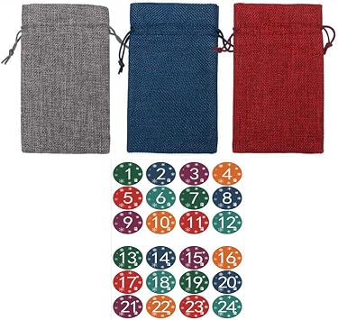 Yoanlayr Christmas Burlap Gift Wrap 24 Pack Drawstring Bag for Santa Birthday Xmas Party with 24 Stickers 24 Wooden Clips and 10 Meters of Rope