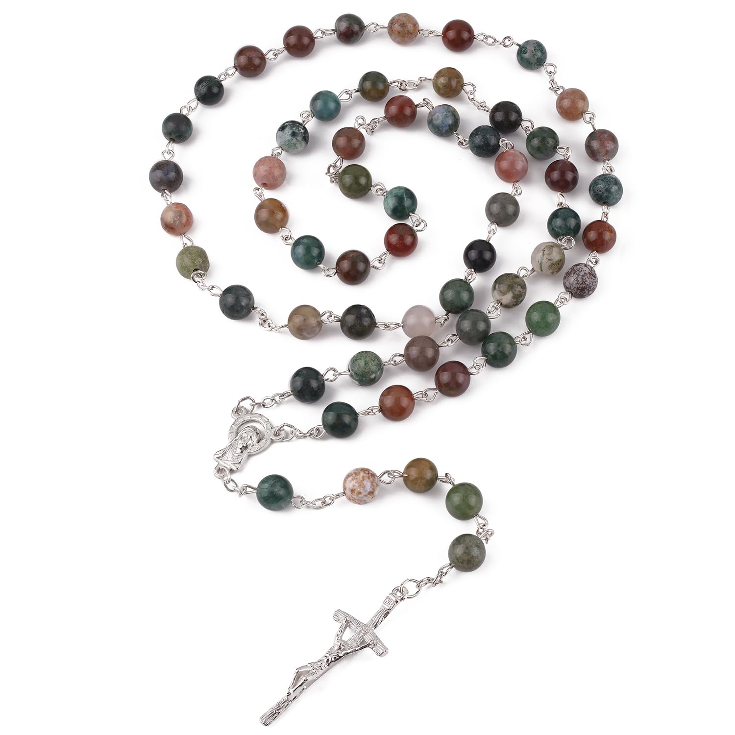 LuomuCatholic Natural Stone Rosary Necklace Length 23.5inch Silver Cross 8MM India Agate Prayer Bless Beads