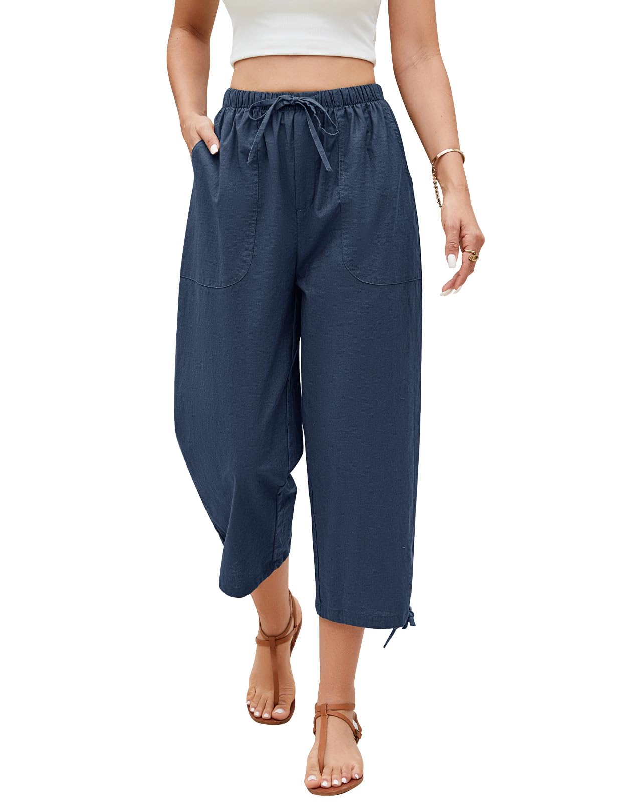 Niwicee Damen Leinenhose Sommerhose 3/4 Damenhosen High Waist Freizeithose Leichte mit Taschen Elastischer Bund Verstellbarer Hosenkordelzug Kordelzug