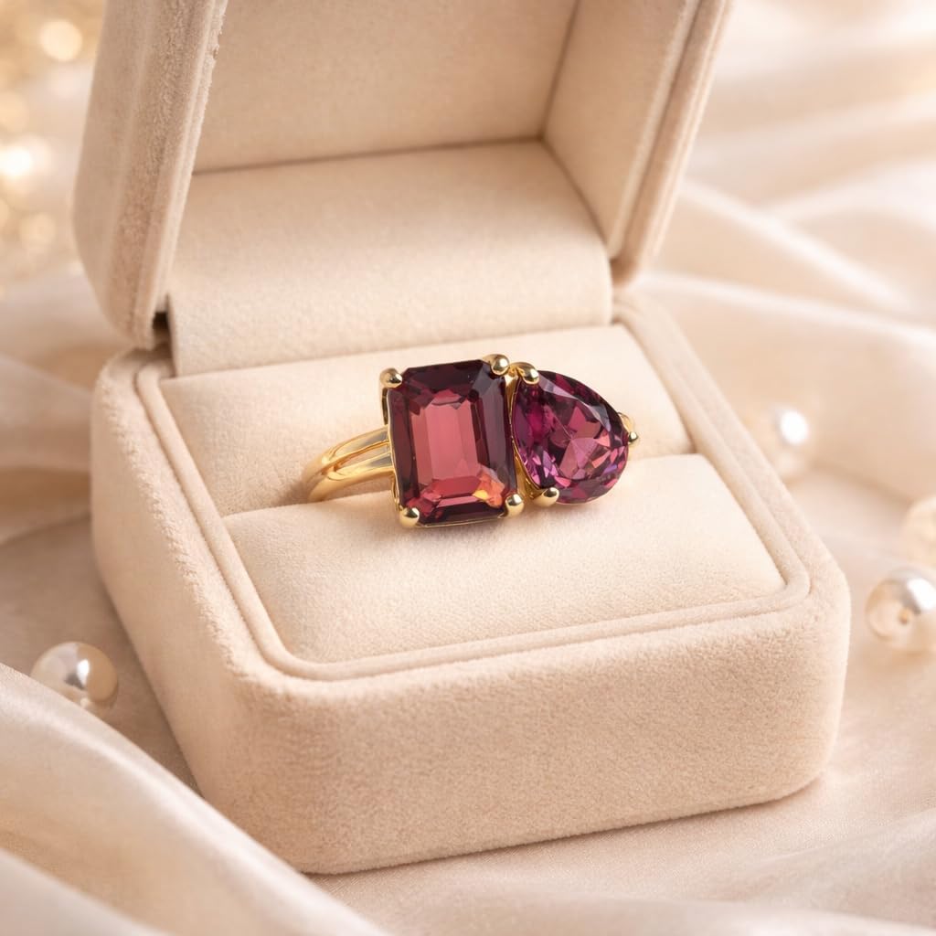 Two Stone Garnet Ring 18K Yellow Gold Emerald & Pear Cut Gemstone Ring Minimalist Bypass Ring Handmade Fine Jewelry Gift for Her