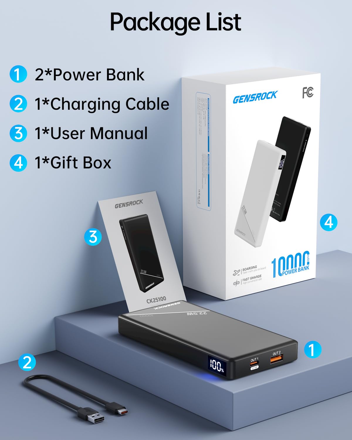 GENSROCK Confezione da 2 caricabatterie portatili Power Bank da 10000 mAh, PD 22,5 W, ricarica rapida, display a LED, batteria per iPhone17/16/15/14/13 Series, Samsung, Google, Pixel, LG, iPad